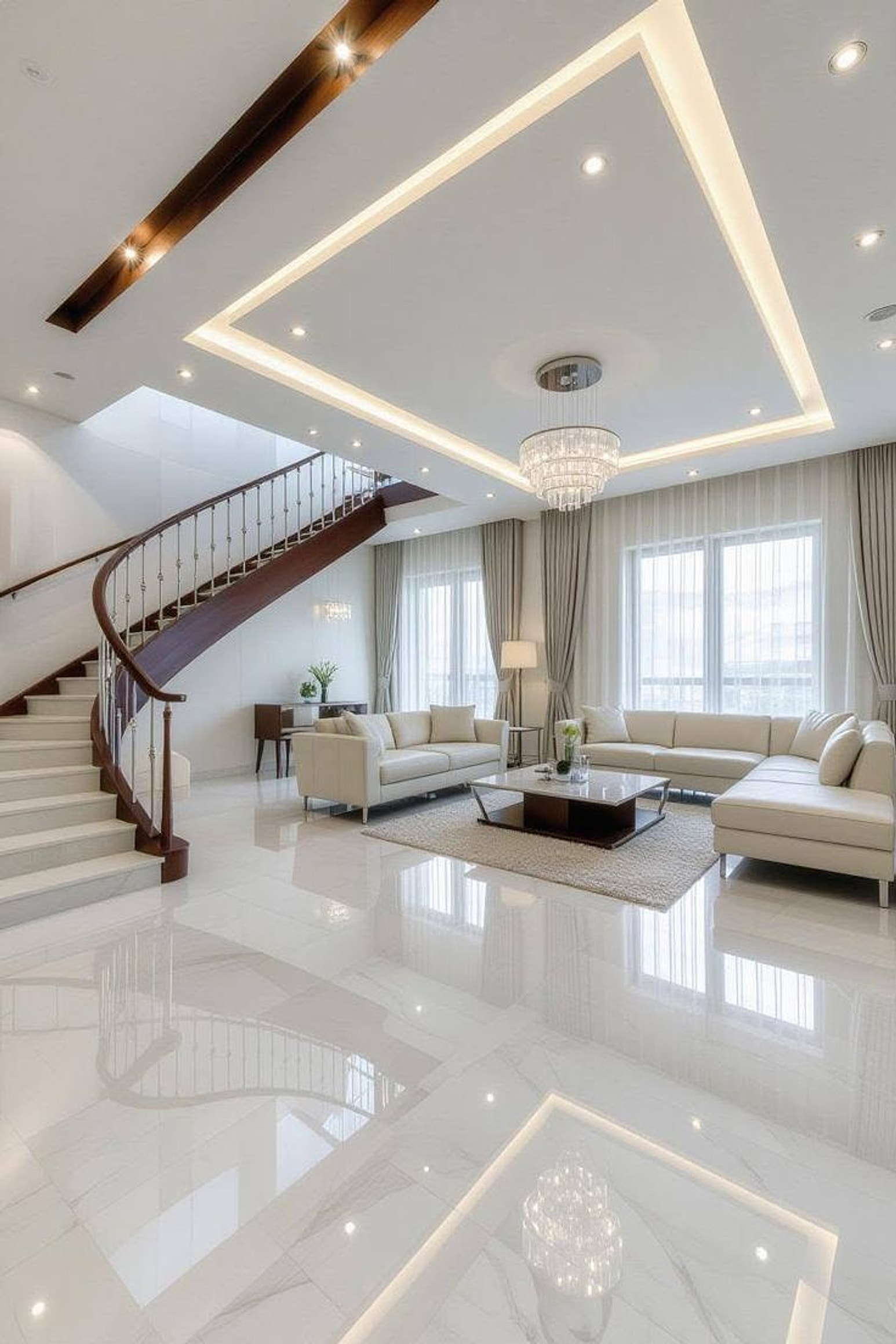 Crystal chandelier over a curved staircase